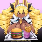 alternative_fashion big_breasts blonde_hair breasts burger clothed clothing dark_body dark_skin dialogue female food ganguro_(fashion) gyaru hair heart_symbol huge_breasts j-fashion looking_at_viewer pupils smile solo text thecon loppy_(thecon) animal_humanoid humanoid lagomorph lagomorph_humanoid leporid_humanoid mammal mammal_humanoid rabbit_humanoid english_text hi_res