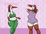 anthro beak big_breasts big_butt bottomless bra breasts butt clothed clothing eyelashes eyeshadow female fingers front_view green_clothing green_eyes hair hand_on_neck long_hair looking_at_viewer makeup multicolored_body navel non-mammal_breasts open_mouth orange_beak overweight overweight_anthro overweight_female polka_dot_clothing purple_eyeshadow rear_view red_body red_hair red_skin shirt shirt_only simple_background smile solo sports_bra sportswear thick_thighs tongue topwear topwear_only two_tone_body underwear white_body wide_hips cayugo stephanie_(cayugo) avian bird stork 2023 4:3 digital_media_(artwork) hi_res signature