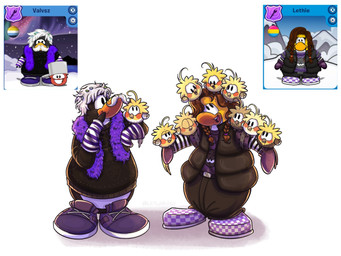 ahoge anthro bottomwear brown_body brown_bottomwear brown_clothing brown_fur brown_jacket brown_pants brown_topwear brown_vest checkered checkered_clothing checkered_footwear checkered_shoes clothing duo facial_hair female feral footwear fur hair jacket looking_at_another male multicolored_clothing multicolored_footwear multicolored_shoes mustache open_mouth pants pattern_clothing pattern_footwear pattern_shoes purple_clothing purple_footwear purple_scarf purple_shoes reference_inset scarf shoes simple_background topwear two_tone_clothing two_tone_footwear two_tone_shoes upper_teeth_only vest white_background white_clothing white_footwear white_hair white_shoes yellow_body yellow_fur letlab0611 club_penguin avian bird penguin puffle 4:3 hi_res