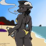 alcohol anthro beach beverage biped black_body black_fur black_hair black_nose bottle breasts brown_eyes butt cigarette clothed clothing container curled_hair detailed_background female frown fur hair hat headgear headwear horn looking_at_viewer outside sand sea seaside short_tail side_boob skimpy sky smoke smoking solo standing swimwear tail water pinkle jala_blackhurst bovid caprine domestic_sheep hair_sheep mammal sheep 1:1 hi_res