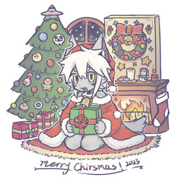 bell christmas_tree fireplace gift grey_body hair holidays kneeling male plant slim_male smile solo tail tree white_hair yellow_eyes young young_male alew404 christmas mammal