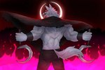 anthro back_muscles barazoku bottomwear cheek_tuft cloak clothed clothing clothing_lift crescent_moon dark dual_wielding facial_markings facial_tuft fire fire_background flowing_clothing fluffy fluffy_tail fur fuzzy glowing glowing_eyes grey_body grey_fur grin head_markings holding_object holding_weapon licking licking_lips licking_own_lips looking_at_viewer looking_back male markings mask_(marking) moon muscular muscular_anthro muscular_male neck_tuft night open_mouth open_smile outside pants poncho rear_view red_eyes red_sclera sickle smile solo standing tail teeth tongue tongue_out tuft weapon white_body white_fur wind wraps wrist_wraps koudro dreamworks mythology puss_in_boots_(franchise) shrek_(series) death_(puss_in_boots) canid canine canis mammal wolf 2023 digital_media_(artwork) hi_res