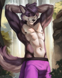 anthro black_nose black_sclera bottomwear bulge clothed clothing countershade_face countershade_tail countershade_torso countershading facial_tuft fur grey_body grey_fur hands_behind_head idai inner_ear_fluff light looking_at_viewer male multicolored_body multicolored_fur navel nipples outside pants partially_clothed plant purple_bottomwear purple_clothing purple_eyes purple_pants rock smile smiling_at_viewer smirk smirking_at_viewer smug solo splashing_water standing sunlight tail tuft water waterfall waterfall_shower white_body white_fur solarflare02 canid canine canis mammal wolf digital_media_(artwork) digital_painting_(artwork) hi_res painting_(artwork)