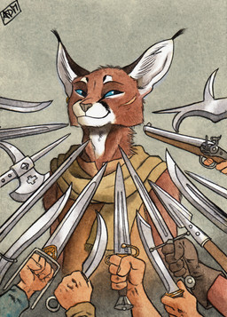 anthro blue_eyes brown_body brown_fur clothing dagger ear_piercing ear_tuft flintlock fur gloves group gun halberd handwear holding_dagger holding_gun holding_knife holding_melee_weapon holding_object holding_ranged_weapon holding_sword holding_weapon knife looking_aside male melee_weapon piercing polearm ranged_weapon scarf smile smirk smug solo_focus spear sword topwear tuft vest weapon white_body white_fur 0laffson knife_cat smug_cat shadi_(0laffson) caracal caracal_(genus) felid feline human mammal 2018 meme painting_(artwork) signature traditional_media_(artwork) traditional_painting_(artwork) traditional_watercolor_(artwork) watercolor_(artwork)