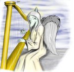 5_fingers anthro blue_body blue_scales bone_frill clothed clothing detailed_background eyes_closed feathered_wings feathers female fingers frill_(anatomy) grey_body grey_feathers grey_hair hair harp musical_instrument playing_harp plucked_string_instrument robe scales short_tail smile solo string_instrument tail white_clothing white_robe wings crezz_crow cavemanon_studios goodbye_volcano_high snoot_game fang_(gvh) dinosaur prehistoric_species pterodactylus pterosaur reptile scalie