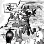 anthro group holding_object holding_sign humor looking_at_another male outside rock sign text vermyfox junji_ito_(copyright) looney_tunes the_enigma_of_amigara_fault warner_brothers bugs_bunny daffy_duck elmer_fudd porky_pig wile_e._coyote anatid anseriform avian bird canid canine canis coyote domestic_pig duck human lagomorph leporid mammal rabbit suid suina sus_(pig) 1:1 english_text hi_res meme