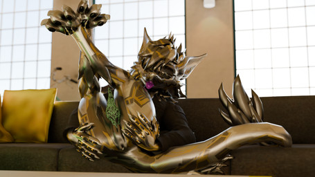 anthro anus black_penis body_hair brass_knuckles butt chest_fur chest_hair chest_tuft chrome chrome_body claws clothing cybernetics digitigrade erection eyewear fingers fluffy fluffy_ears fluffy_hair fluffy_tail fur furniture genitals glasses glistening glistening_body gold_(metal) green_penis grey_body grey_fur grey_hair hair jacket looking_at_viewer machine male melee_weapon metal metallic_body multicolored_body multicolored_penis neck_tuft nude pawpads paws penis presenting purple_tongue sofa solo sunglasses tail tail_tuft tapering_penis tongue tongue_out topwear tuft weapon vibincane9 mythology monica_reggean dragon mythological_creature mythological_scalie nardoragon scalie 16:9 3d_(artwork) colored digital_media_(artwork) hi_res widescreen