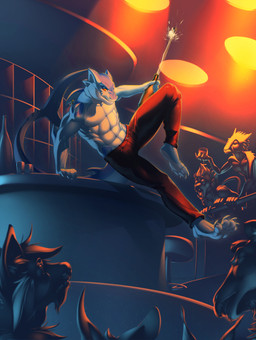 4_toes abs alcohol anthro bar barefoot beverage biceps bottomwear clothed clothing countershade_feet countershading feet group humanoid_feet male muscular pants pecs plantigrade public smile soles toes topless kyander cirrus_(xp) aquatic camelid felid fish haplorhine llama mammal monkey primate shark absurd_res hi_res