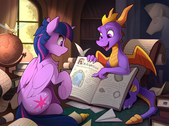 book claws countershade_tail countershade_torso countershading cutie_mark detailed_background duo feathered_wings feathers female feral globe hair hooves horn inside male membrane_(anatomy) membranous_wings multicolored_hair multicolored_tail open_mouth paper_airplane papercraft purple_body purple_eyes purple_feathers tail underhoof wings yakovlev-vad activision european_mythology friendship_is_magic hasbro my_little_pony mythology spyro_the_dragon sparx spyro twilight_sparkle_(mlp) arthropod dragon dragonfly equid equine insect mammal mythological_creature mythological_equine mythological_scalie scalie western_dragon winged_unicorn 2019 crossover digital_media_(artwork) hi_res