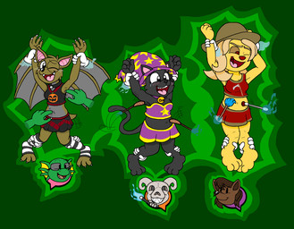 3_toes 4_fingers ankle_grab anthro bell bell_collar black_body black_fur black_nose blonde_hair blush blush_lines bodily_fluids bone breasts brown_body brown_fur brown_hair cheek_tuft cheerleader_outfit claws closed_smile clothing collar cotton_swab crying_laughing disembodied_hand eyewear facial_tuft fangs feet female finger_claws fingers fur fur_tuft furgonomic_hat furgonomic_headwear furgonomics glasses green_background green_body group hair hat headgear headwear laugh leg_grab magic_wand midriff mouth_closed navel one_eye_closed open_mouth open_smile pink_inner_ear pink_tongue red_nose restrained simple_background skeleton smile tail tail_motion tears teeth tickle_torture tickling tickling_armpits tickling_belly tickling_navel toe_claws toes tongue tuft wearing_glasses winged_arms wings wizard_hat wrist_grab yellow_body tagman mythology gilla_(rofllizard) jingles_(rofllizard) lucy_(rofllizard) nips_(rofllizard) sam_(rofllizard) spooky_(rofllizard) animated_skeleton bat canid canine domestic_cat felid feline felis living_scarecrow mammal mythological_canine mythological_creature scalie undead werecanid werecanine werecreature werewolf