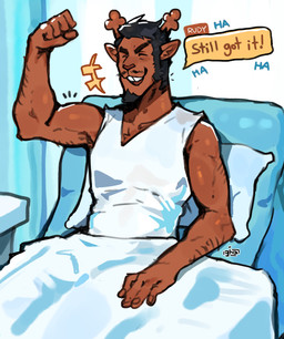 anthro antlers arm_hair athletic athletic_male beard bed biceps black_hair body_hair brown_body brown_fur buckteeth clothing eyes_closed facial_hair flexing flexing_bicep flexing_muscles fur furniture hair horn hospital hospital_bed hospital_room laugh male mature_anthro mature_male muscular mustache pillow shirt sitting smile solo tank_top teeth text topwear graysheartart deltarune undertale_(series) rudolph_holiday deer mammal new_world_deer reindeer absurd_res hi_res signature
