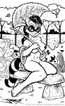 anthro biped black_and_white canid canine detailed_background female joe_rosales low_res mammal monochrome nipples nude outside plant raccoon_dog sitting sky solo tanuki tree