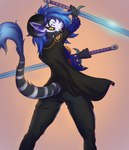 anthro black_clothing blue_hair clothing fangs female hair horn looking_back markings melee_weapon pupils simple_background slit_pupils solo striped_markings striped_tail stripes sword tail tail_markings tail_tuft teeth tuft weapon yellow_sclera prisma6 hi_res