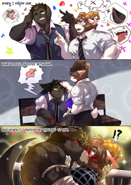 2_horns accessory annoyed anthro anthro_on_anthro arm_wraps arrow_through_heart beard black_body black_fur black_hair black_necktie blue_clothing blue_topwear blue_vest blush blush_lines brown_hair chair clothed clothing collared_shirt cross-popping_vein curled_horn deltoids dress_shirt duo ear_chain ear_piercing ear_pull ear_stud ears_down eyebrow_scar eyebrow_slit eyebrows eyewear facial_hair facial_scar forearm_muscles fur furgonomic_pants furniture glasses green_eyes hair hand_on_head hand_wraps heart_symbol holding_folder horn kissing larger_anthro larger_male male male/male muscular muscular_anthro muscular_male necktie on_chair one_eye_closed piercing pivoted_ears red_wristband rolled_up_sleeves scar school_uniform scribbles shirt simple_background sitting sitting_on_chair size_difference small_tail smaller_anthro smaller_male star student tail teacher teacher_and_student text tongue tongue_piercing tongue_stud topless topwear uniform vest white_body white_clothing white_fur white_shirt white_topwear wraps wristband booboo34 joe_turner william_dalton bovid caprine goat hybrid kangaroo macropod mammal marsupial rhinoceros 2020 absurd_res comic english_text hi_res