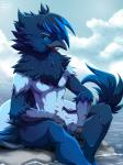 abs anthro biped blue_body blue_eyes blue_fur day detailed_background eyebrows eyelashes fingers fur male outside partially_submerged rock sitting sky solo water lapres avian bird corvid oscine passerine 2019 3:4 digital_media_(artwork) hi_res