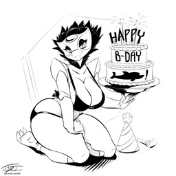 anthro bedroom_eyes big_breasts big_butt bikini birthday_cake breasts butt cake claws clothing dessert female food fur hand_on_hip hat headgear headwear holding_food holding_object markings narrowed_eyes non-mammal_breasts party_hat seductive sitting smile solo sparks swimwear thick_thighs toe_claws two-piece_swimsuit wide_hips hardtones mythology calamity_(averyshadydolphin) dragon mythological_creature mythological_scalie scalie 1:1 2016 digital_drawing_(artwork) digital_media_(artwork) hi_res monochrome signature unavailable_at_source