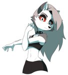 2022 absurd_res anthro black_nose canid canine canis cheek_tuft clothed clothing collar crop_top demon exagono16 facial_tuft female female_anthro front_view grey_hair hair helluva_boss hi_res long_hair loona_(helluva_boss) mammal midriff navel portrait pose red_sclera shirt simple_background small_waist solo spiked_collar spikes standing stretching stretching_arms three-quarter_portrait topwear tuft white_background white_eyes wolf