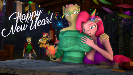alcohol anthro anthrofied beverage big_breasts blush breast_grab breasts clothing drunk eyewear female fireworks glasses group hand_on_breast hat headgear headwear holidays party_hat substance_intoxication sweater topwear wings donglysfm friendship_is_magic hasbro my_little_pony mythology new_year apple_bloom_(mlp) applejack_(mlp) fluttershy_(mlp) pinkie_pie_(mlp) equid equine horse mammal mythological_creature mythological_equine pegasus pony 16:9 3d_(artwork) 4k absurd_res digital_media_(artwork) hi_res source_filmmaker_(artwork) widescreen