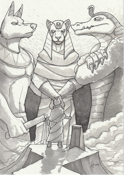 ambiguous_anthro ambiguous_gender anthro clothed clothing empty_eyes extreme_size_difference front_view group holding_object holding_staff male male_anthro mouth_closed rear_view side_view size_difference slim_anthro slim_male staff standing teeth hufnaar ambiguous_species canid canine crocodile crocodilian felid lion mammal pantherine reptile scalie 2017 absurd_res dated hi_res monochrome