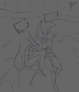 abs anthro athletic athletic_anthro athletic_female big_breasts big_ears breasts duo eyes_closed female female/female hand_behind_head hand_on_another hand_on_another's_belly looking_at_another nude paws pillow simple_background sketchy sleeping sleeping_together slim slim_anthro slim_female small_waist tail the_dark_skull canid canine canis jackal mammal absurd_res digital_media_(artwork) guide_lines hi_res sketch unfinished