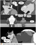 4:5 anthro badger butt canid canine carl_(misterstallion) cel_shading clothed clothing comic dialogue duo emanata english_text exclamation_point eyebrows fence fox fur greyscale hi_res honey_badger looking_at_another male mammal misterstallion monochrome muscular mustelid musteline night open_mouth outside patreon patreon_logo public shaded smile speech_bubble standing teeth text topless underwear url william_(misterstallion)