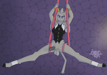 acrobatics aerial_acrobatics aerial_silk anthro antlers balls blue_eyes bottomless breasts clothed clothing digitigrade erection fur genitals grey_body grey_fur grey_hair gynomorph hair horn humanoid_genitalia humanoid_penis intersex penis saggy_balls simple_background solo spread_legs spreading tail azurgyn pseudoregalia sybil_(pseudoregalia) jackalope lagomorph mammal digital_drawing_(artwork) digital_media_(artwork) hi_res signature
