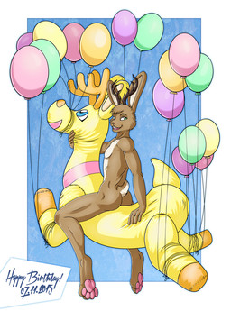 abstract_background anthro antlers balloon balloon_support barefoot big_ears biped butt feet hindpaw horn inflatable inflatable_ride inflatable_support looking_at_viewer looking_back male nude open_mouth paws pool_toy smile soles solo straddling mgmr mryia inanimate_object jackalope lagomorph mammal 2015 digital_media_(artwork)
