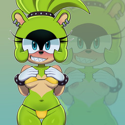 accesory accessory anthro areola bear_trap_teeth bikini black_nose blue_eyes blush bracelet breasts clothed clothing ear_piercing ear_ring embarrassed eyelashes female front_view gloves green_body grey_piercing hair_accessory hair_tie hand_on_breast handwear jewelry looking_at_viewer multicolored_body navel piercing pink_areola presenting presenting_breasts ring_piercing sharp_teeth skimpy smile solo string_bikini swimwear teeth thick_thighs thigh_gap two-piece_swimsuit yellow_bikini yellow_clothing yellow_swimwear ari_dibujitos idw_publishing sega sonic_the_hedgehog_(comics) sonic_the_hedgehog_(idw) sonic_the_hedgehog_(series) surge_the_tenrec afrosoricid mammal tenrec 1:1 2025 absurd_res digital_media_(artwork) hi_res watermark