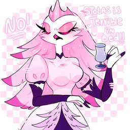 anthro checkered checkered_background clothing container crown cup dialogue dress eyes_closed female formal_clothing formal_wear frown fur hair headgear holding_container holding_cup holding_object long_hair outline pattern_background pink_body pink_fur pink_hair pink_outline shaking_head simple_background solo standing text white_body white_clothing white_dress white_face white_fur white_text coffeelilauwu hellaverse helluva_boss stella_(helluva_boss) anatid anseriform anserine avian avian_demon bird demon swan 1:1 english_text hi_res