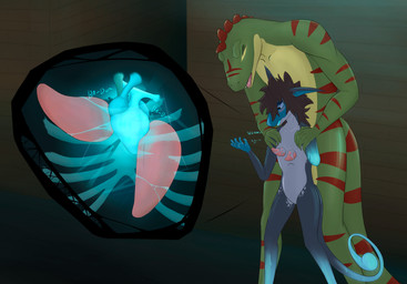 2_penises 5_fingers ambiguous_gender animal_genitalia animal_penis anthro blush blush_lines brown_hair cardiophilia chest_penetration countershading duo fingers fur genitals green_body grey_body grey_fur hair heart_(organ) heartbeat hemipenes internal larger_male male male/ambiguous markings missing_arm multi_genitalia multi_penis organs penis pink_penis red_frill red_markings rib_cage size_difference smaller_ambiguous unusual_penetration technologic12 circe_(pankallisti) rivocie_(rawrzky) goo_creature kobold lizard reptile scalie absurd_res hi_res