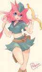 arrow_(weapon) big_breasts blue_eyes bow_(weapon) breasts cosplay female hair heart_symbol holding_object holding_weapon looking_at_viewer pink_hair ranged_weapon simple_background smile solo weapon white_background no._108 disney robin_hood_(disney) robin_hood animal_humanoid canid canid_humanoid canine canine_humanoid fox fox_humanoid humanoid hybrid mammal mammal_humanoid