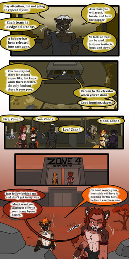 angry anthro bottomwear clothing collar cuff_(restraint) dialogue duo loincloth male metal_collar plant restraints rock savanna tail text tree tatsuchan18 havoc_(tatsuchan18) badger felid honey_badger hyena lion mammal mustelid musteline pantherine absurd_res comic digital_media_(artwork) english_text hi_res multiple_scenes