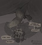 after_sex anthro backsack balls beard bed bodily_fluids body_hair butt_hair chest_hair cum cum_in_mouth cum_inside cum_on_face cum_on_penis duo eyebrows eyes_closed facial_hair furniture genital_fluids genitals lying male male/male on_back overweight overweight_male patreon_logo patreon_username penis scar size_difference speech_bubble teeth text thick_eyebrows worried xeoniios patreon orion_(xeoniios) thrastor_(xeoniios) crocodile crocodilian felid lion mammal pantherine reptile scalie absurd_res english_text hi_res monochrome sepia sketch