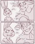 2016 anthro bovid bovine clothed clothing comic dialogue disney duo english_text fan_character female july_hopps_(mistermead) katherine_clawhauser_(mistermead) lagomorph leporid mammal rabbit rockbottomfeeder running text zootopia
