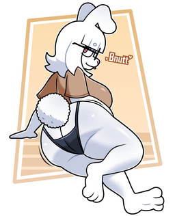 anthro brown_clothing brown_shirt brown_topwear butt butt_focus clothing eyewear female fur glasses humor panties paws pun rabbit_ears shirt solo topwear underwear white_body white_fur lornalla bnuyu_(lornalla) lagomorph leporid mammal rabbit hi_res