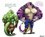 big_muscles bodily_fluids boots bottomwear clothed clothing cowboy_boots dialogue duo fingerless_gloves footwear furgonomics gloves green_body green_scales green_skin hand_wraps handwear huge_muscles hyper hyper_muscles jacket male muscular open_clothing open_jacket open_shirt open_topwear pants purple_body purple_scales purple_skin scales shirt shoes stripes sweat sweatdrop text topwear unzipped unzipped_pants wraps zipper aokamidu masters_of_the_universe mattel netflix she-ra_(copyright) she-ra_and_the_princesses_of_power rogelio_(she-ra) snakeman tung_lashor lizard reptile scalie snake english_text hi_res