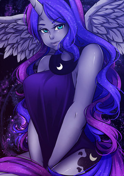 anthro anthrofied blue_body blue_eyes blue_feathers blue_skin clothed clothing cutie_mark feathered_wings feathers female hair horn long_hair looking_at_viewer multicolored_hair solo two_tone_hair wings kirael friendship_is_magic hasbro my_little_pony mythology princess_luna_(mlp) equid equine mammal mythological_creature mythological_equine winged_unicorn 2015 source_request unavailable_at_source