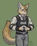 anthro belt clothed clothing elbow_pads fully_clothed fur hair male multicolored_body multicolored_fur security_uniform simple_background solo tan_body tan_fur tongue tongue_out donny_blevins scp_foundation liam_(donny_blevins) canid canine fennec_fox fox mammal true_fox portrait