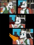 anthro clothing duo hidden humor male male/male menu reading restaurant sitting sound_effects surprised_expression sweater sweater_vest topwear vest inhumaninterest canid canine canis mammal wolf comic hi_res
