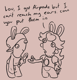 anthro asking asking_another backwards_hat bottomless bottomless_anthro bottomless_female brown_background brown_body brown_clothing brown_eyes brown_fur brown_hair brown_hat brown_headwear brown_overalls brown_pawpads brown_shirt brown_topwear button_(fastener) clothed clothed_anthro clothed_female clothed_male clothing crown dialogue duo featureless_legs female female_anthro fully_clothed fully_clothed_anthro fully_clothed_male fur hair hand_pawpads hat headgear headwear holding_crown lidded_eyes long_ears long_hair male male_anthro mitten_hands nickname no_eyebrows open_mouth overalls pawpads shirt short_legs simple_background standing talking_to_another text topwear insertthenewblhere airpods mario_bros mario_plus_rabbids_kingdom_battle nintendo raving_rabbids rayman_(series) ubisoft rabbid_luigi rabbid_peach lagomorph mammal rabbid 2024 crossover digital_drawing_(artwork) digital_media_(artwork) english_description english_text sketch