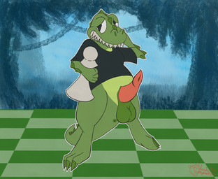 anthro anus balls black_clothing black_shirt black_topwear body_spikes bottomless chess_board chess_piece claws clothed clothing countershade_torso countershading diamond_(marking) diamond_pupils embarrassed genitals green_body green_claws male markings overbite pawn_(chess) penis shirt solo t-shirt topwear lendri_mujina chess.com chesster_the_magical_chess-playing_dinosaur dinosaur prehistoric_species reptile scalie theropod tyrannosaurid tyrannosauroid tyrannosaurus tyrannosaurus_rex 2025 dated digital_media_(artwork) hi_res medibang_paint_(artwork) signature