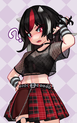 alternative_fashion belt black_belt black_bra black_choker black_clothing black_hair black_jewelry black_necklace black_underwear bottomwear bra breasts checkered checkered_background choker clothing cross cross_ear_piercing cross_piercing ear_piercing ear_ring fangs female fishnet_clothing fishnet_crop_top fishnet_shirt fishnet_topwear grey_hair grey_horn hair hand_on_hip hand_on_own_hip horn humanoid_pointy_ears jewelry looking_at_viewer midriff multicolored_hair navel necklace not_furry open_mouth pattern_background pattern_bottomwear pattern_clothing pattern_skirt piercing plaid plaid_bottomwear plaid_clothing plaid_skirt pointy_ears question_mark raised_arm red_bottomwear red_clothing red_eyes red_hair red_skirt ring_piercing shirt simple_background skirt small_breasts small_horn solo teeth topwear underwear zakozako_y asian_mythology east_asian_mythology japanese_mythology mythology touhou seija_kijin amanojaku demon horned_humanoid humanoid oni yokai hi_res