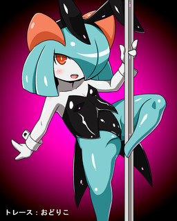 blue_body blue_hair blue_skin breasts bunny_costume clothing costume dancing fake_ears fake_rabbit_ears female hair hair_over_eye horn looking_at_viewer multicolored_body multicolored_skin not_furry one_eye_obstructed open_mouth pole pole_dancing red_eyes shirt_cuffs small_breasts smile solo text two_tone_body two_tone_skin white_body white_skin 0k0j0 nintendo pokemon generation_3_pokemon humanoid kirlia pokemon_(species) shiny_pokemon 4:5 hi_res translated