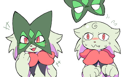 anthro blush bodily_fluids female mask mask_off simple_background snaggle_tooth solo surprised sweat white_background melfunnysmell nintendo pokemon generation_9_pokemon meowscarada pokemon_(species) hi_res