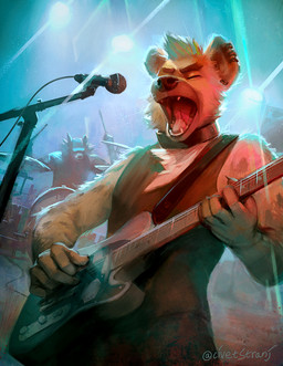 5_fingers anthro black_clothing black_nose black_shirt black_topwear brown_body brown_fur brown_spots claws clothed clothing collar concert detailed_background drum duo ear_piercing electric_guitar electronics eyes_closed fangs fingers fully_clothed fur gauged_ear guitar holding_object male markings microphone multicolored_body multicolored_fur musical_instrument musician open_mouth percussion_instrument piercing pink_tongue playing_guitar playing_music plucked_string_instrument shirt singing solo_focus spots spotted_body spotted_fur string_instrument tan_body tan_fur tank_top teeth tongue topwear whiskers civetstranj fender_musical_instruments_corporation telecaster hyena mammal spotted_hyena 2018 signature