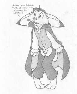 animal_genitalia anthro balls barefoot biped cape clothing costume crotchless_clothing cute_fangs dialogue disguise embarrassed fangs feet front_view fully_sheathed genitals holidays looking_away male open_mouth sharp_teeth sheath simple_background solo standing teeth text tongue topwear vest white_background young young_anthro mizzyam halloween jake_cottontail lagomorph leporid mammal rabbit vampire absurd_res english_text graphite_(artwork) greyscale hi_res monochrome traditional_media_(artwork)