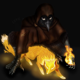 4_toes anthro avian_feet beak beak_markings big_beak biped black_beak brown_cloak brown_clothing clasp claws cloak clothing crouching druid duo elemental_manipulation feathers feet feral finger_claws fire fire_manipulation flaming_tail gradient_background grey_body grey_feathers hood magic magic_user male markings pointy_beak simple_background tail talons toe_claws toes tribal_spellcaster white_eyes blaze2012 dungeons_and_dragons hasbro wizards_of_the_coast rainfall_(blaze2012) avian bird canid canine corvid elemental_creature fire_creature fox kenku mammal oscine passerine red_fox true_fox 1:1 absurd_res hi_res