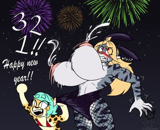 5_fingers anthro autolactation big_breasts biped blonde_hair blue_hair blush bodily_fluids breasts bunny_costume clothing costume duo fake_ears fake_rabbit_ears female fingers fireworks fishnet_clothing fishnet_legwear hair heart_eyes heart_symbol holidays huge_breasts lactating legwear logo milk night projectile_lactation text year sevsartcave juice_that_makes_you_cum new_year claire_(batartcave) jade_(batartcave) cheetah felid feline mammal pantherine tiger 2023 absurd_res artist_logo english_text hi_res