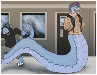 anthro apode black_clothing black_hoodie black_topwear blue_body blue_hair blue_scales border bottomwear clothed clothing duo fully_clothed furgonomic_headwear furgonomic_hood furgonomics green_bottomwear green_clothing green_pants green_sweater green_topwear hair hoodie inside legless male non-mammal_hair pants scales serpentine sweater tail tapering_tail thick_tail topwear tripping white_border yellow_sclera farorenightclaw ashgar_(character) draconcopode kobold naga reptile scalie snake snake_naga 2025