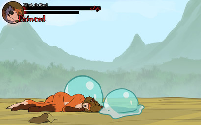 bottomwear clothing defeated exhausted gameplay_mechanics gui health_bar loincloth male nude slime solo wounded umpherio alfred_(umpherio) canid canine fox mammal red_fox true_fox hi_res
